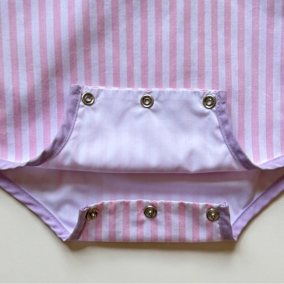 Beaufort Bonnet Co. Girls Saylor Sunsuit, Pink & White Stripe with Lavender Trim - Picture 9 of 15